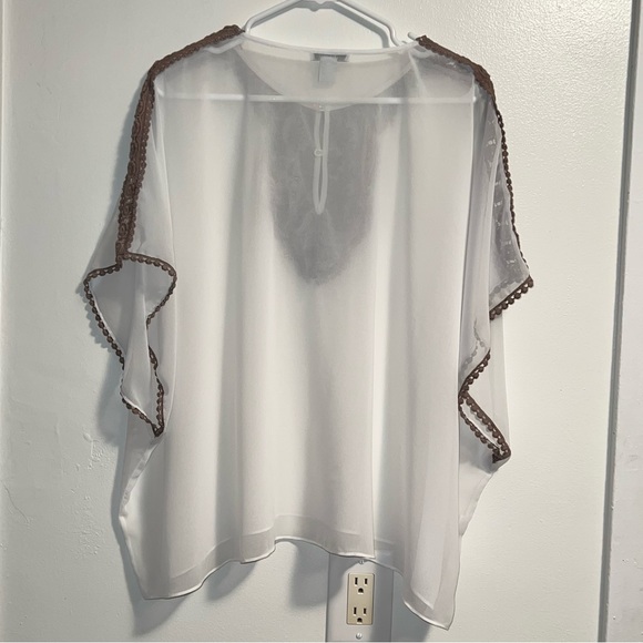 Bar III sheer white blouse with tan crotchet details - Picture 2 of 13